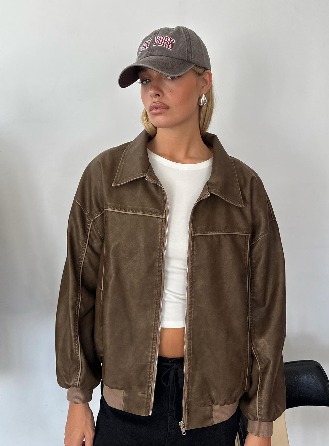Avria | Women’s dark washed faux leather zip bomber jacket
