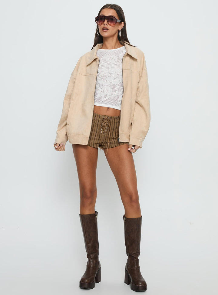 Bea | Women’s oversized faux suede bomber jacket with zip front and buckle detail