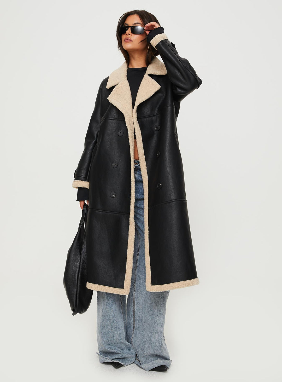 Harley | Women’s longline coat with lapel collar and shearling detail