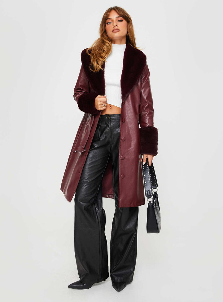 Abigail | Women’s longline coat with faux fur trim and removable waist belt