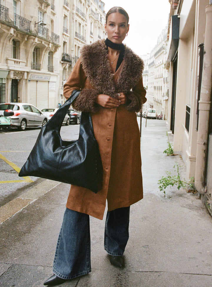 Kylie | Women’s long faux suede coat with lapel collar and button fastening