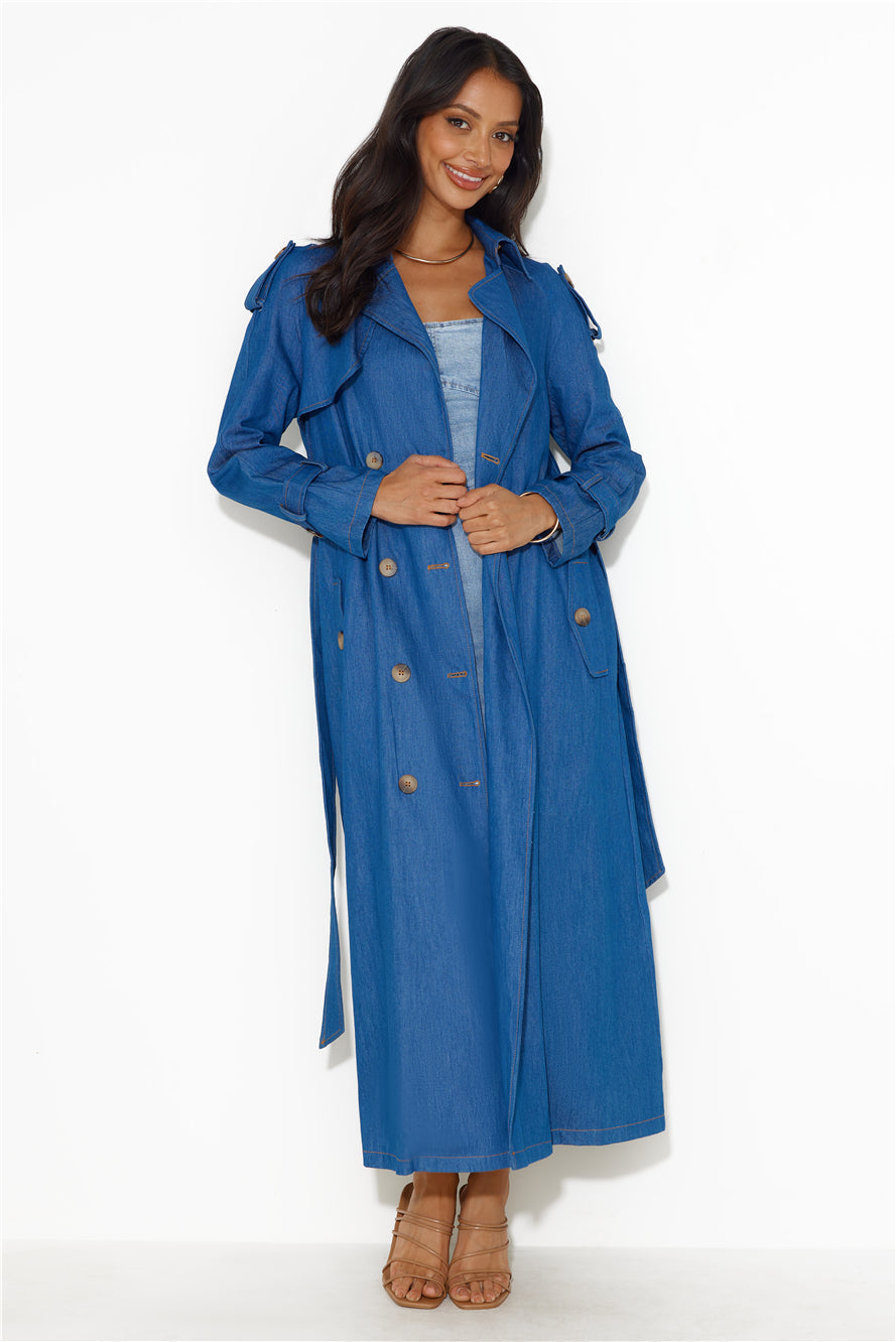 Cindy | Women’s denim trench coat with waist tie and button closure