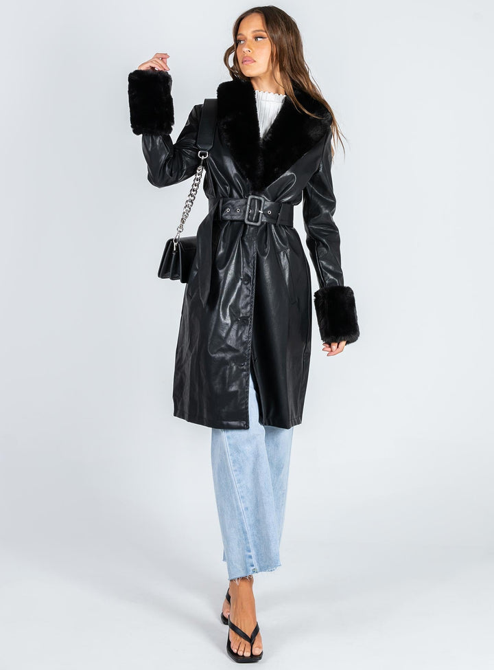 Kyla | Women’s long vegan leather coat with faux fur trim and waist belt