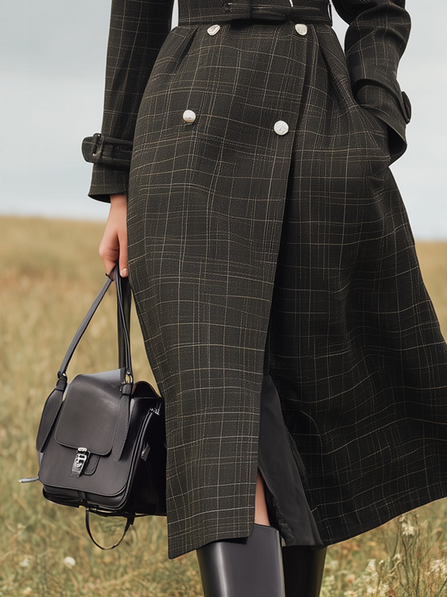 Melrio | Women’s retro plaid double-breasted trench coat with stand-up collar