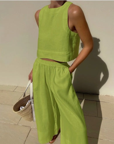 Alessia | Two-piece set with tailored top and wide-leg linen trousers