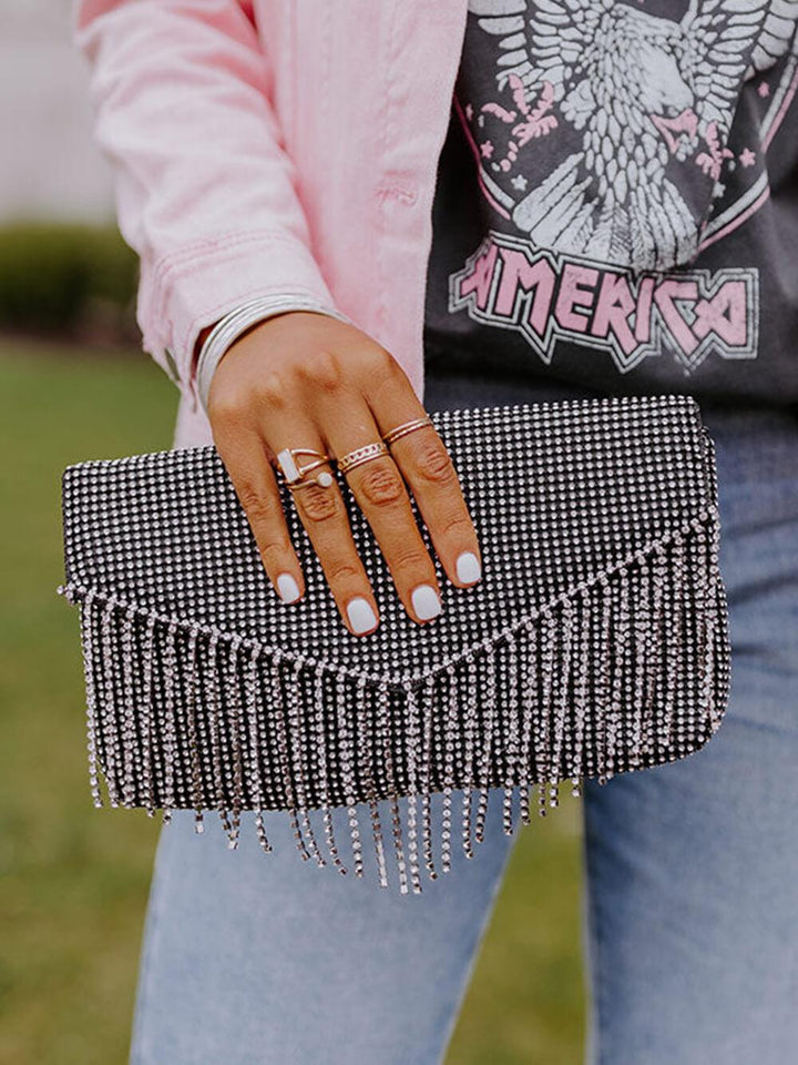 Susie | Women’s crystal beaded clutch bag with fringe detail