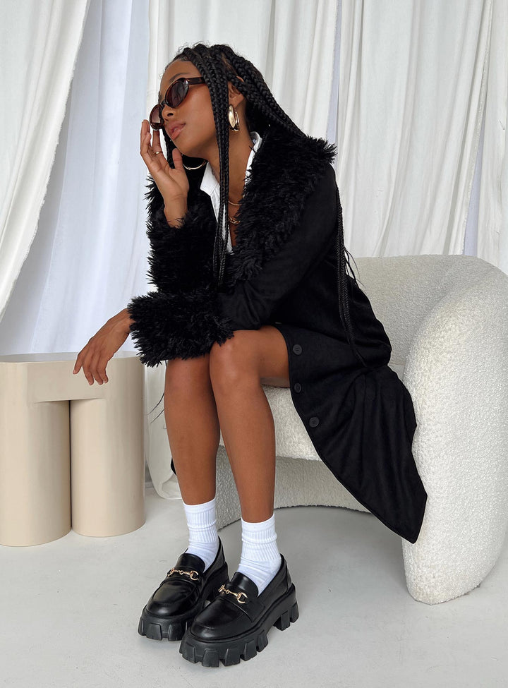 Einna | Women’s long faux suede coat with lapel collar and button front