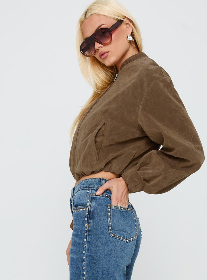 Amanda | Women’s cropped faux suede bomber jacket with zip front and cuffed hem