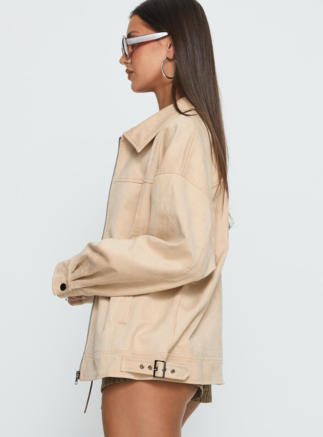 Bea | Women’s oversized faux suede bomber jacket with zip front and buckle detail