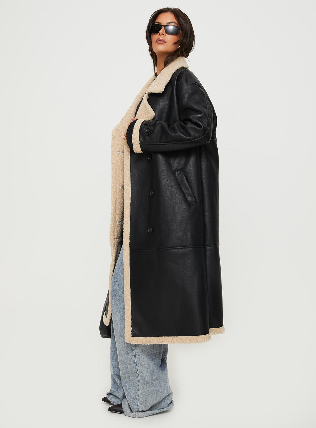 Harley | Women’s longline coat with lapel collar and shearling detail