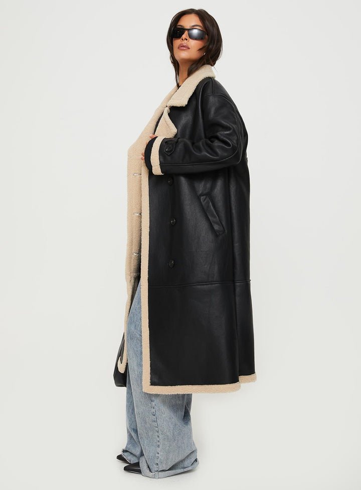 Harley | Women’s longline coat with lapel collar and shearling detail