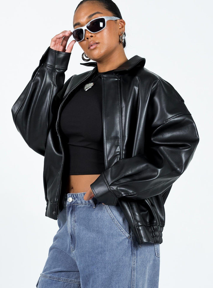 Nicole | Women’s oversized faux leather bomber jacket with button detail