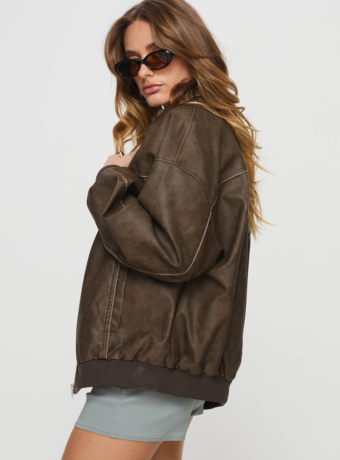 Avria | Women’s dark washed faux leather zip bomber jacket