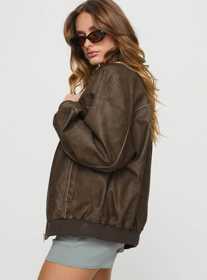 Avria | Women’s dark washed faux leather zip bomber jacket