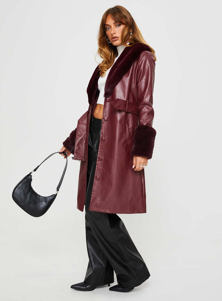 Abigail | Women’s longline coat with faux fur trim and removable waist belt