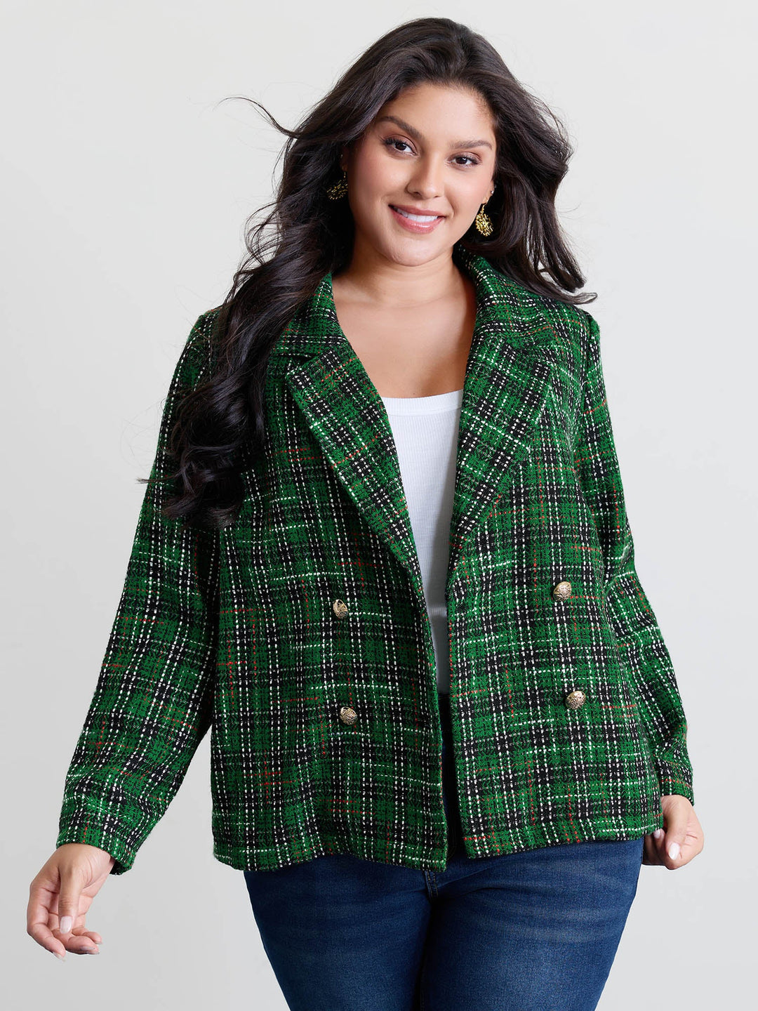 Quiana | Women’s tweed plaid double button jacket