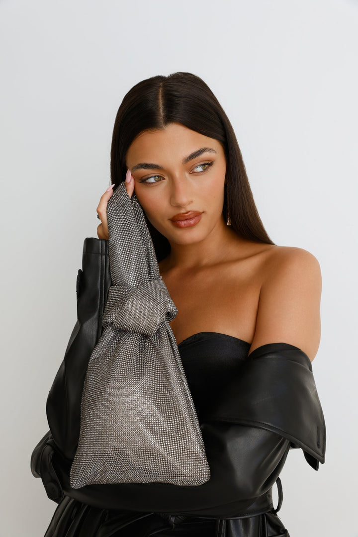 Crystel | Women’s rhinestone wristlet bag with gunmetal hardware