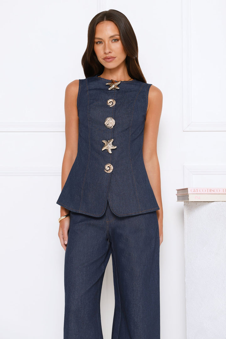 Nadine | Women’s denim set with faux button top and wide-leg jeans