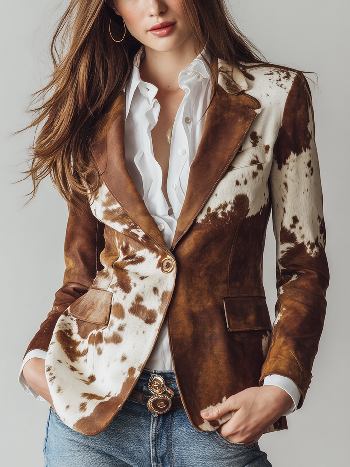 Tahlia | Women’s eco-friendly suede blazer with cow print design