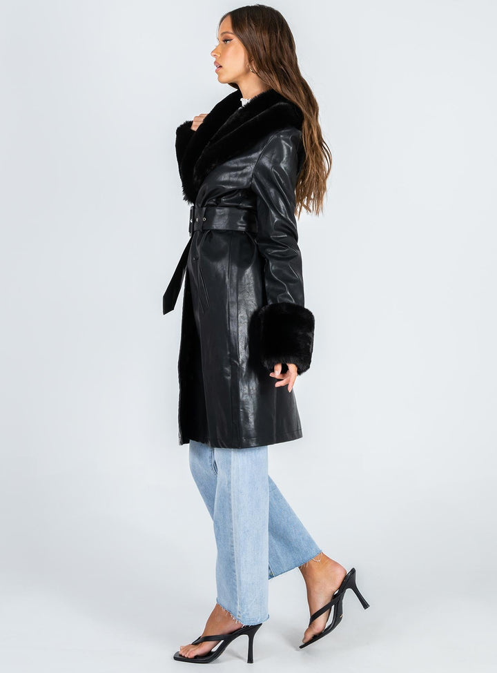 Kyla | Women’s long vegan leather coat with faux fur trim and waist belt