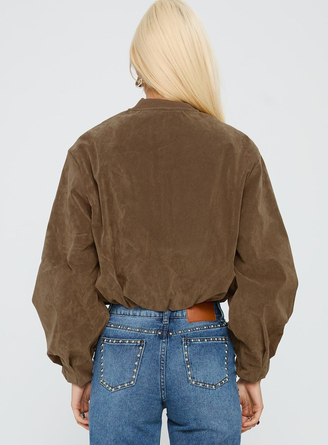Amanda | Women’s cropped faux suede bomber jacket with zip front and cuffed hem