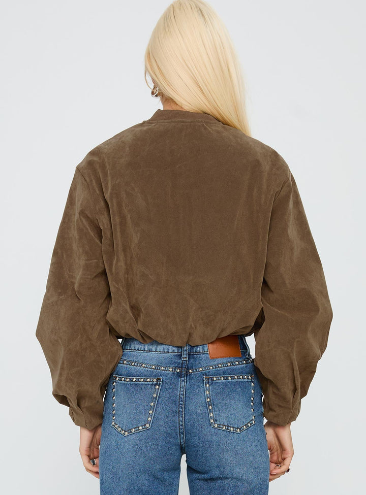 Amanda | Women’s cropped faux suede bomber jacket with zip front and cuffed hem