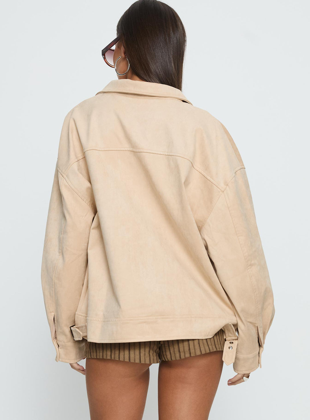 Bea | Women’s oversized faux suede bomber jacket with zip front and buckle detail