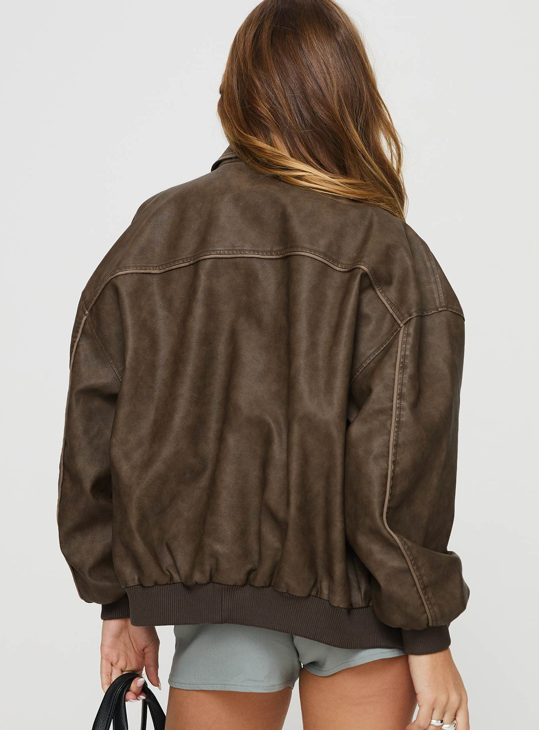 Avria | Women’s dark washed faux leather zip bomber jacket