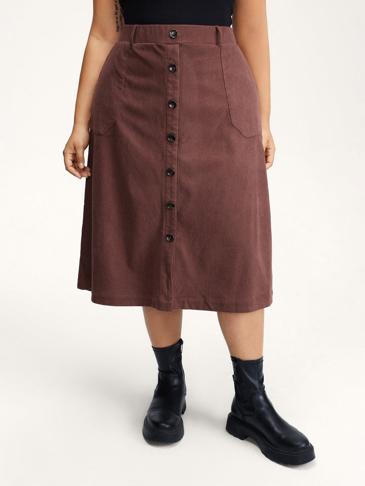Lilia | Women’s corduroy button detail A-line midi skirt
