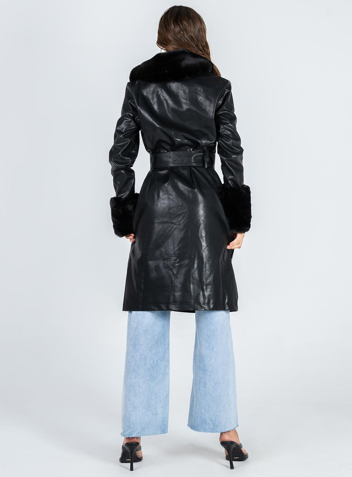 Kyla | Women’s long vegan leather coat with faux fur trim and waist belt