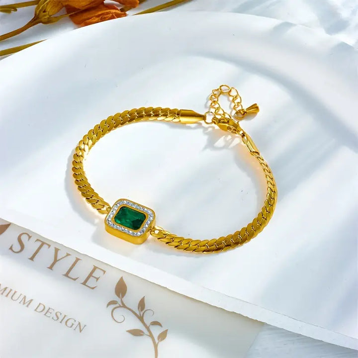 Louisa | Women’s gold chain bracelet with emerald centerpiece and adjustable clasp