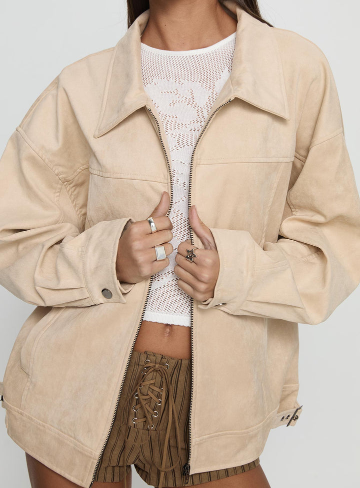 Bea | Women’s oversized faux suede bomber jacket with zip front and buckle detail