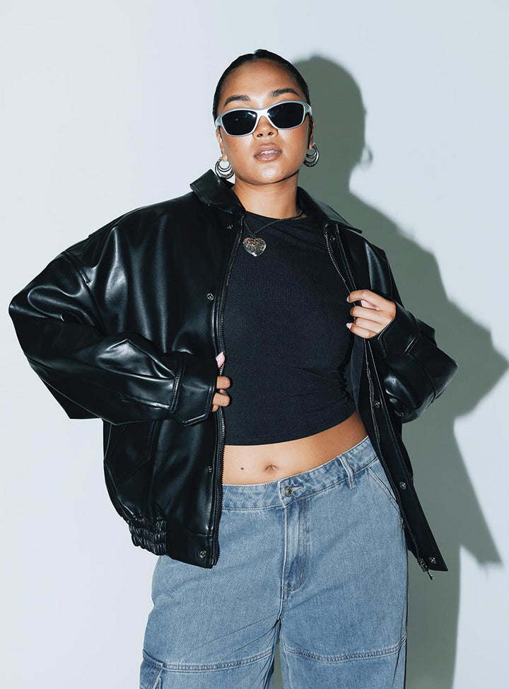Nicole | Women’s oversized faux leather bomber jacket with button detail
