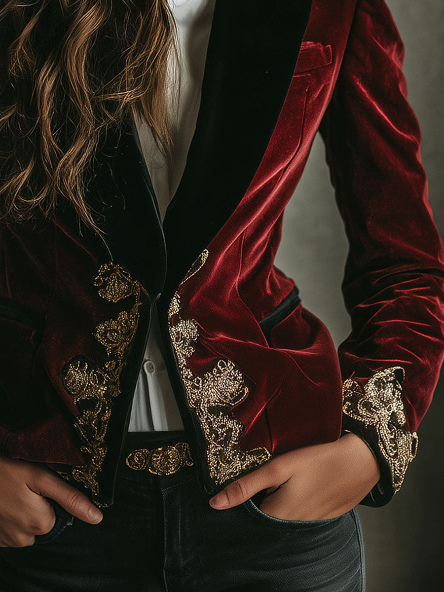 Elodie | Women’s velvet blazer with gold embroidery and black collar