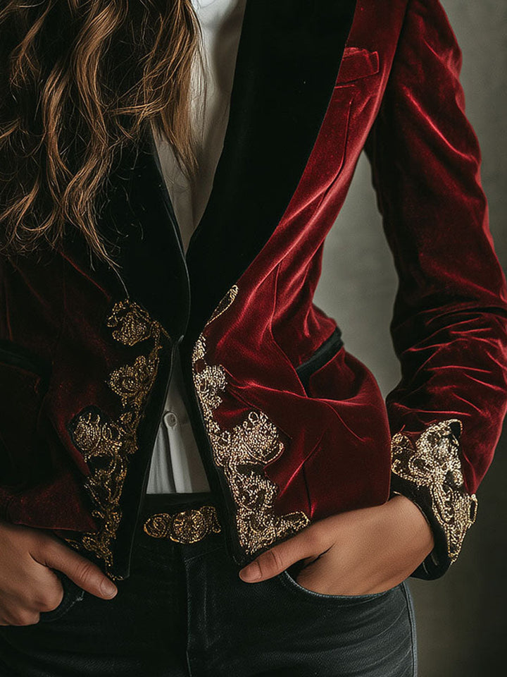 Elodie | Women’s velvet blazer with gold embroidery and black collar