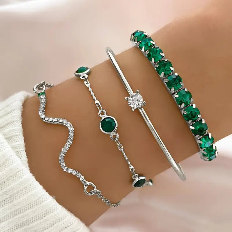 Jhacy | Women’s bracelet set with green gem stone accents and crystal details