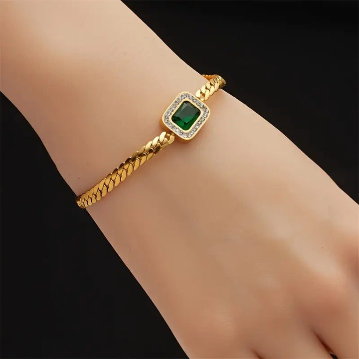 Louisa | Women’s gold chain bracelet with emerald centerpiece and adjustable clasp
