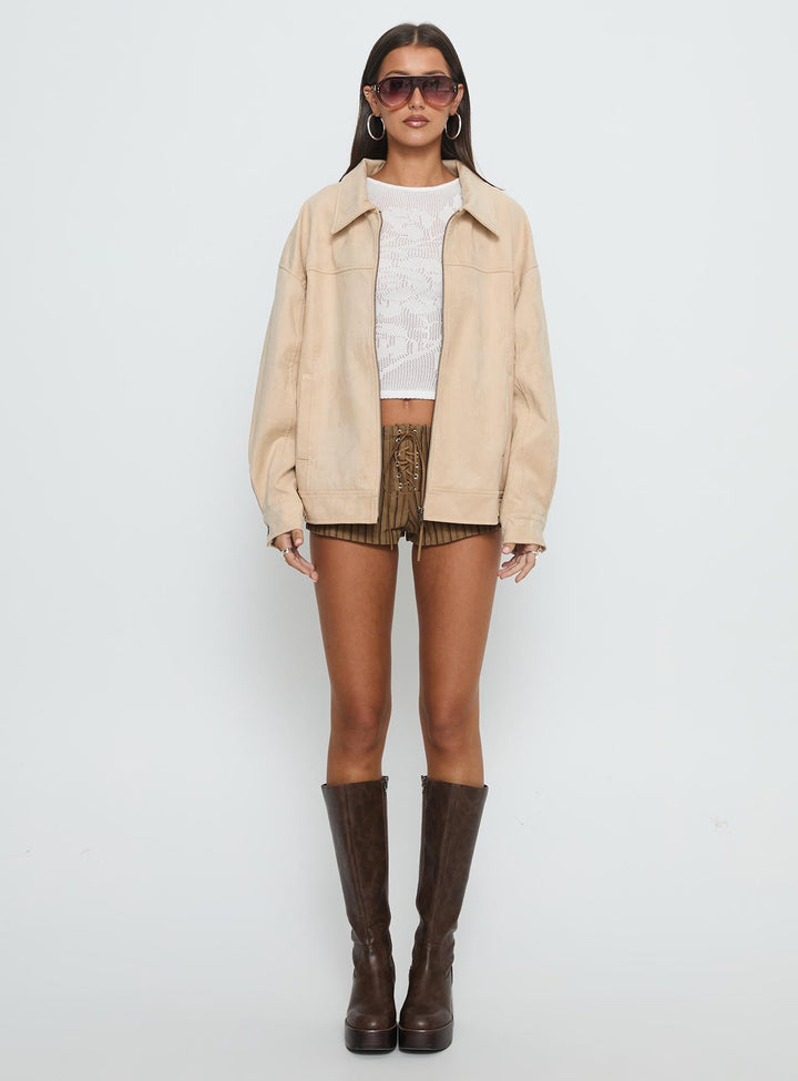 Bea | Women’s oversized faux suede bomber jacket with zip front and buckle detail