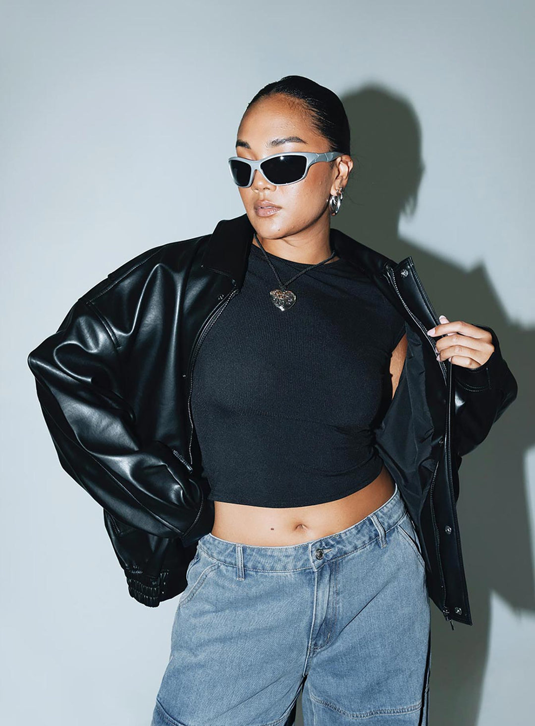 Nicole | Women’s oversized faux leather bomber jacket with button detail