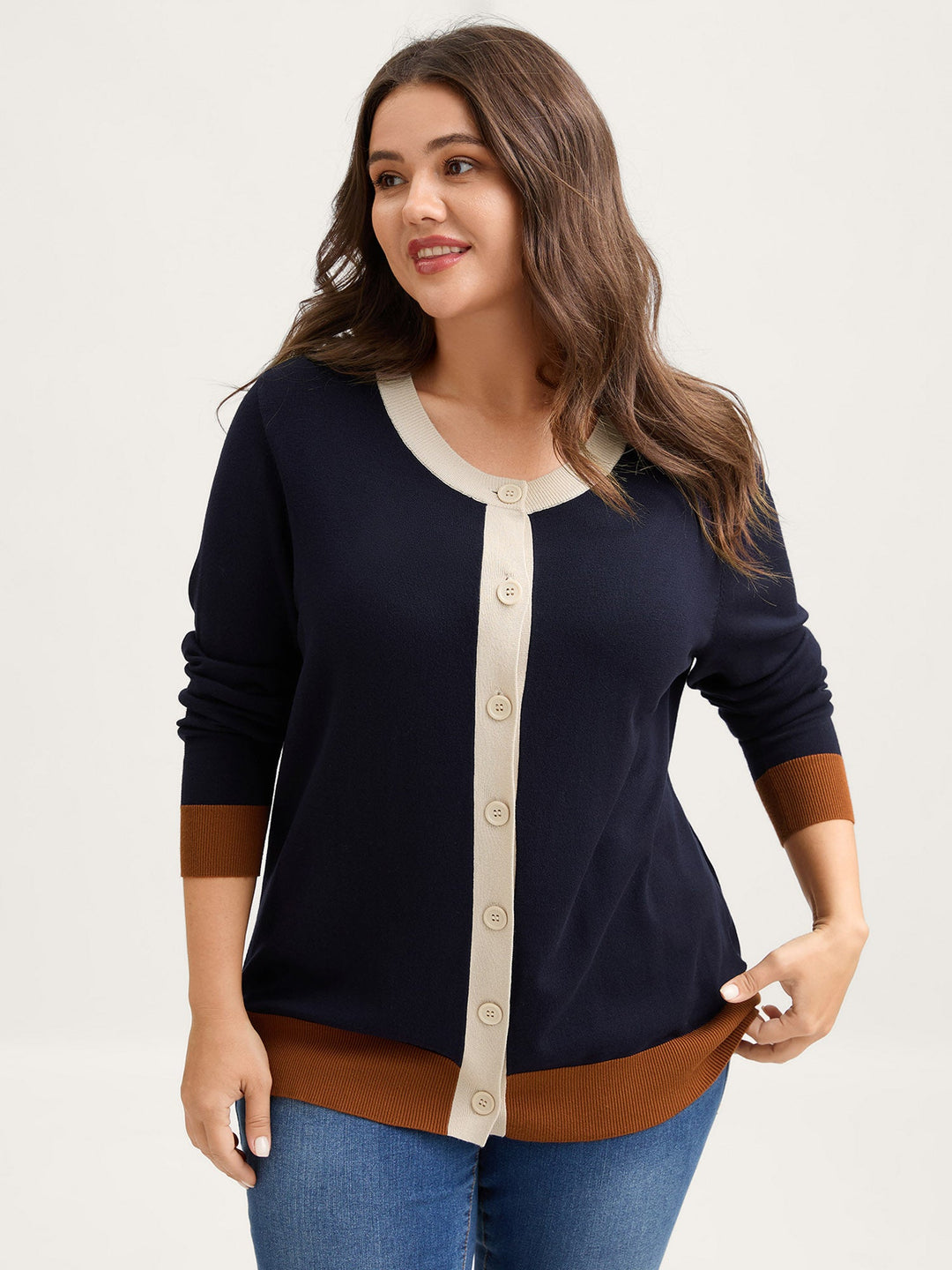 Anastacia | Women’s button-front contrast trim knit cardigan