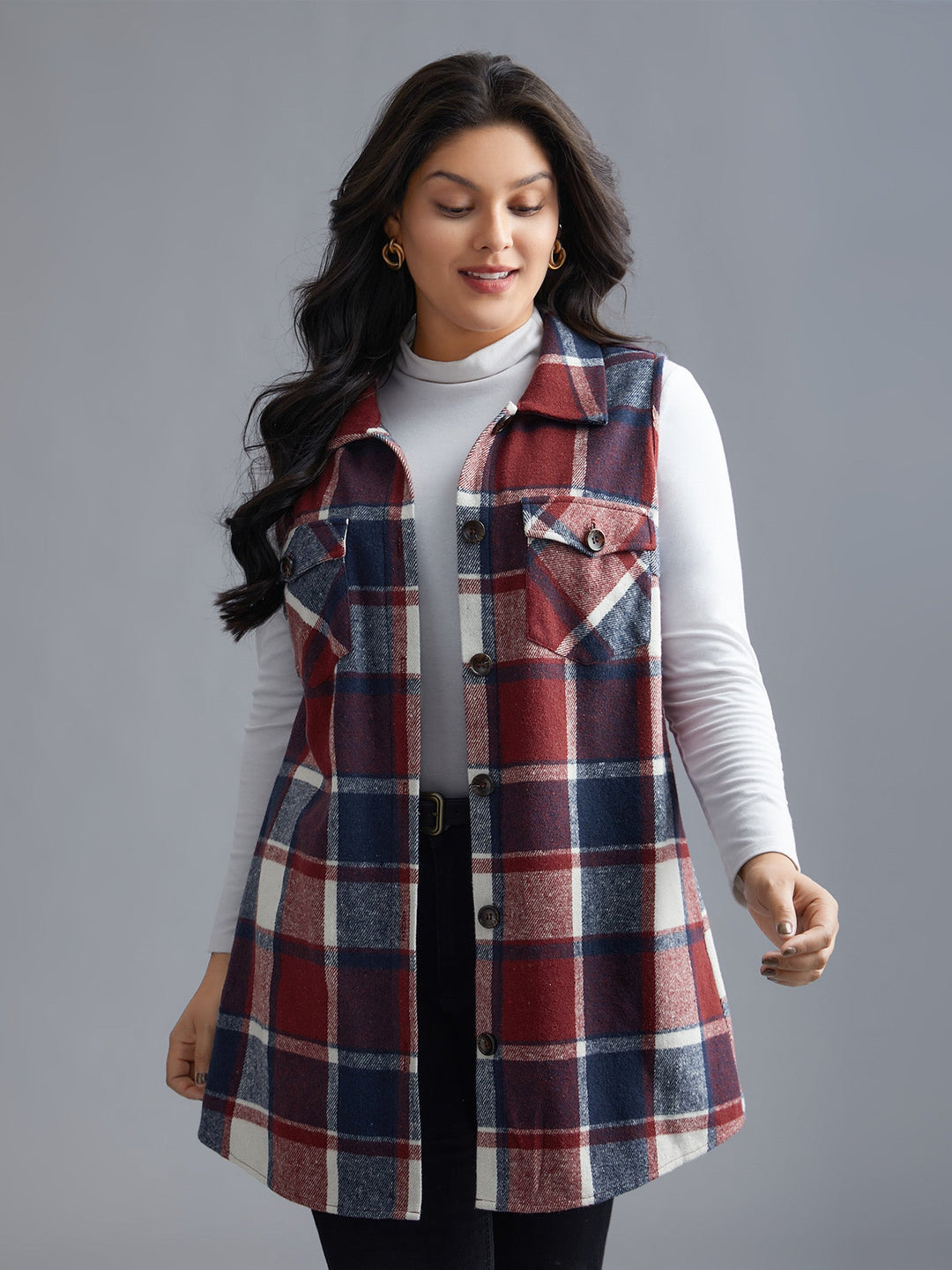 Lexie | Women’s plaid flap detail sleeveless vest with button closure