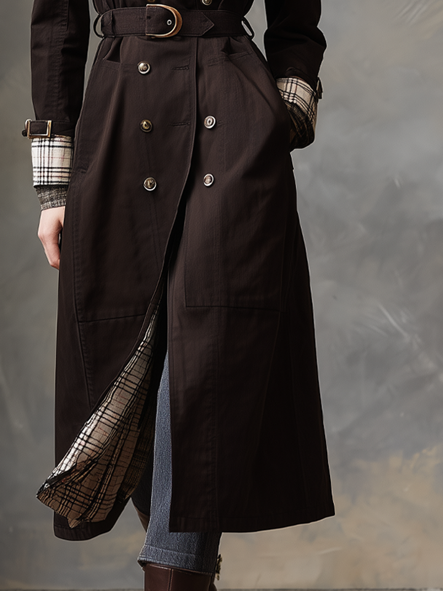 Katie | Women’s retro plaid trench coat with contrast collar