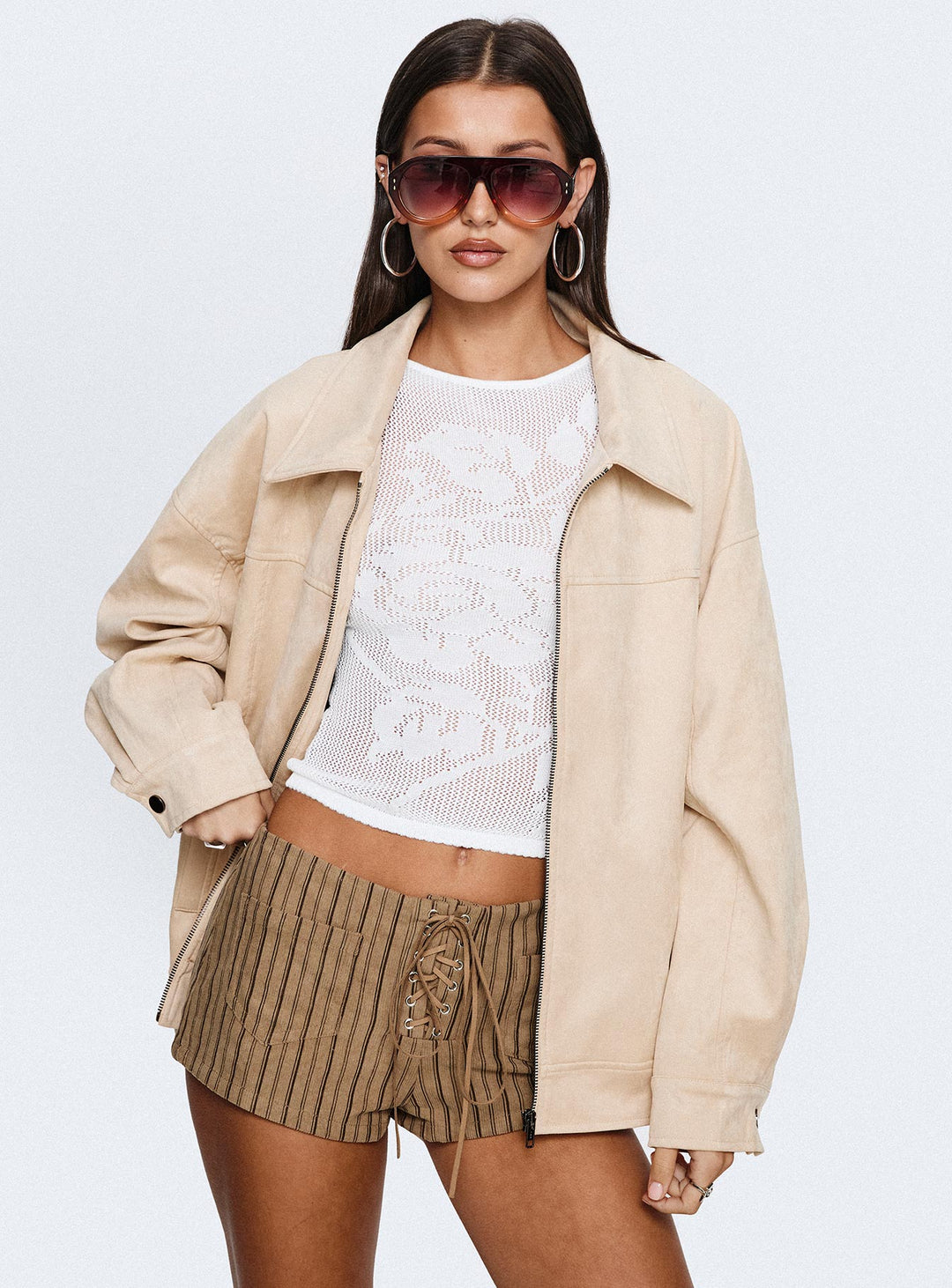 Bea | Women’s oversized faux suede bomber jacket with zip front and buckle detail