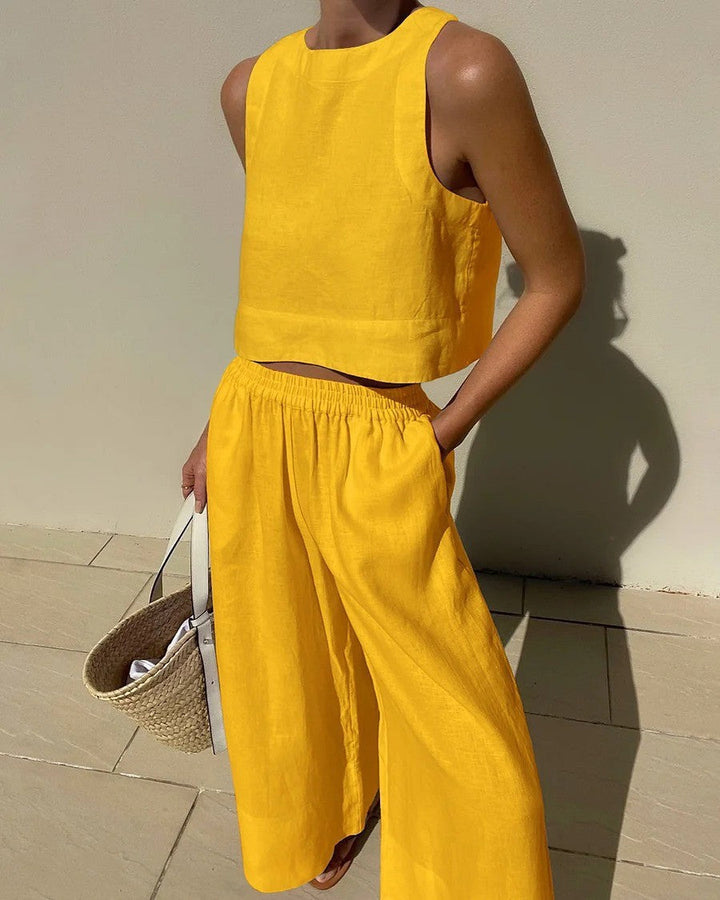 Alessia | Two-piece set with tailored top and wide-leg linen trousers
