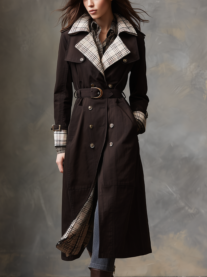 Katie | Women’s retro plaid trench coat with contrast collar