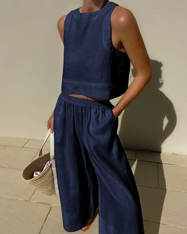 Alessia | Two-piece set with tailored top and wide-leg linen trousers