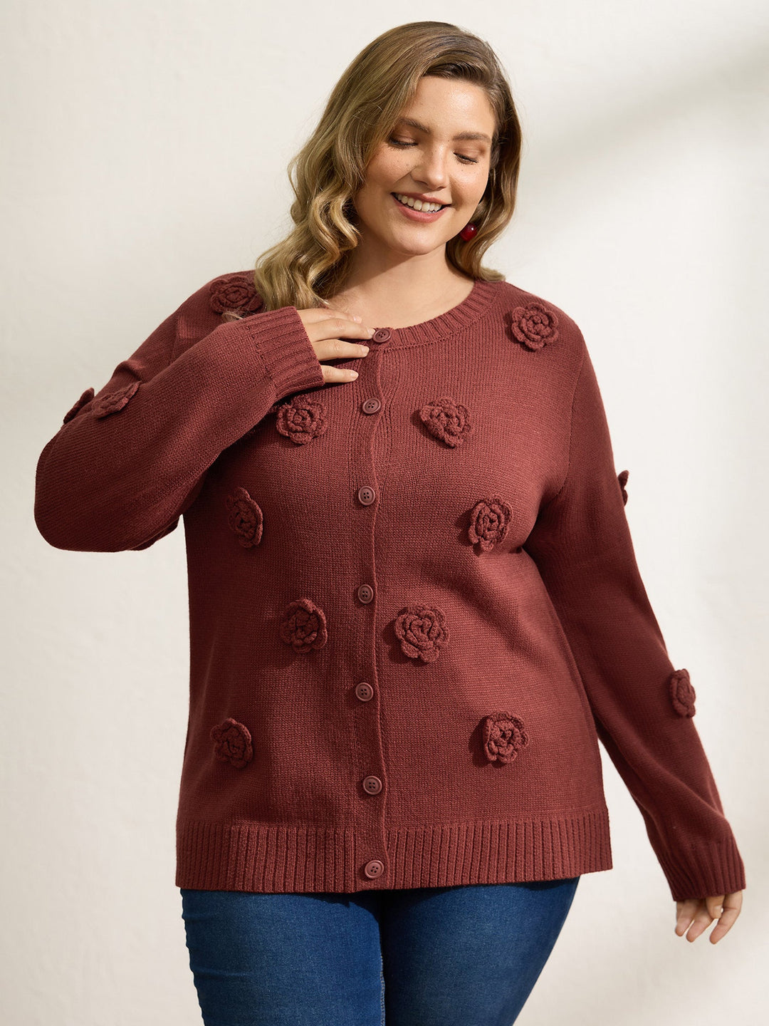 Tori | Women’s 3D floral applique button front knit cardigan
