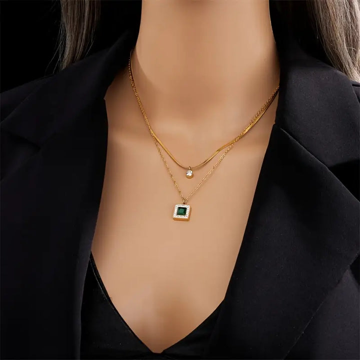Emma | Women’s layered necklace with emerald pendant and crystal accent