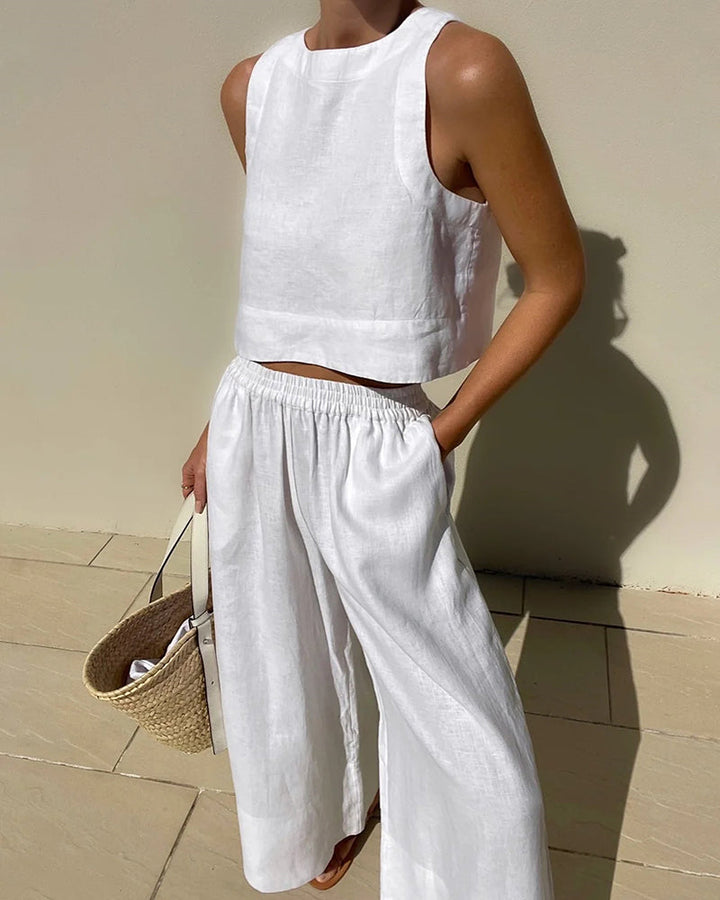 Alessia | Two-piece set with tailored top and wide-leg linen trousers