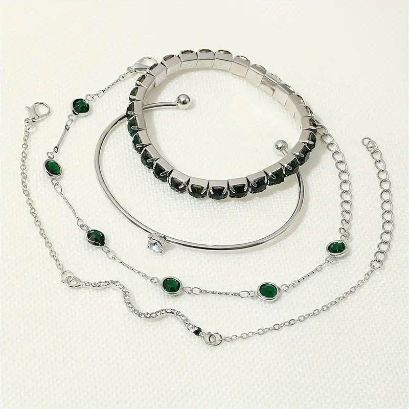 Jhacy | Women’s bracelet set with green gem stone accents and crystal details